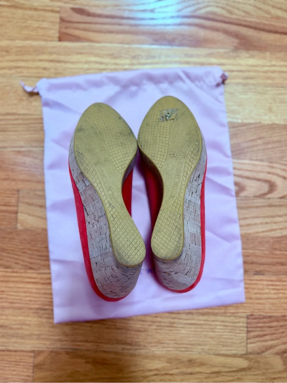 Stuart Weitzman Orange Suede Peep-Toe Platform Cork Wedges with Gold Accent